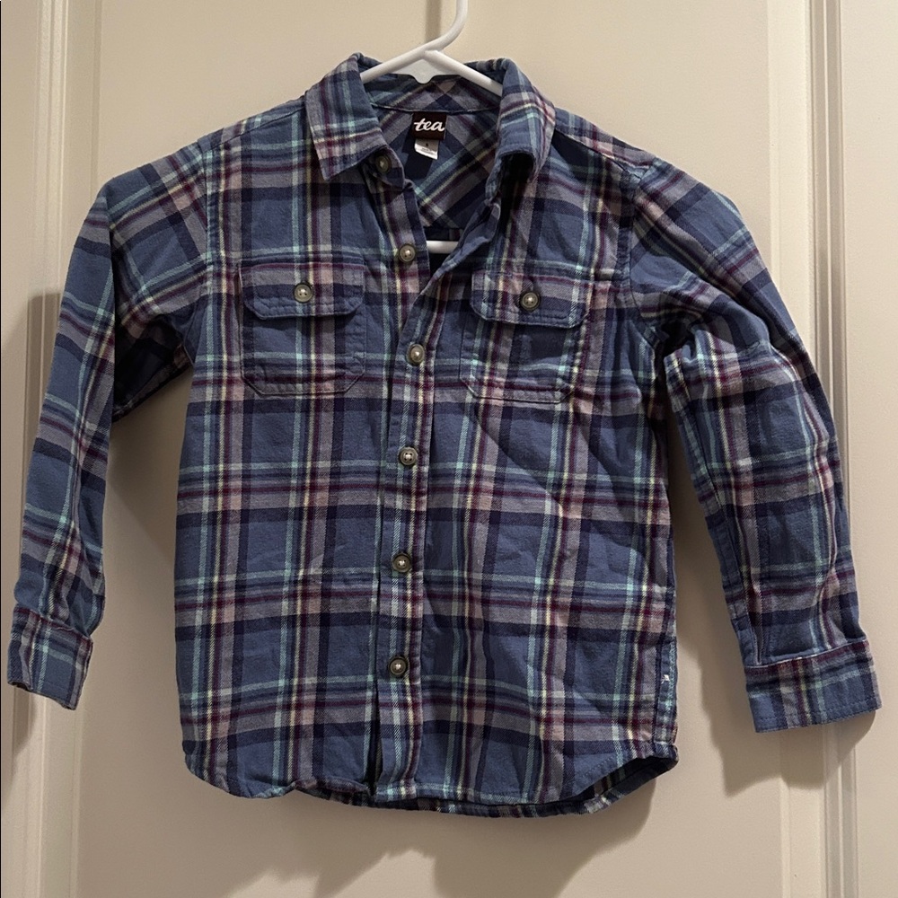 Tea Collection Flannel Plaid Button Down Shirt Long Sleeve 100%Cotton kid Size 5